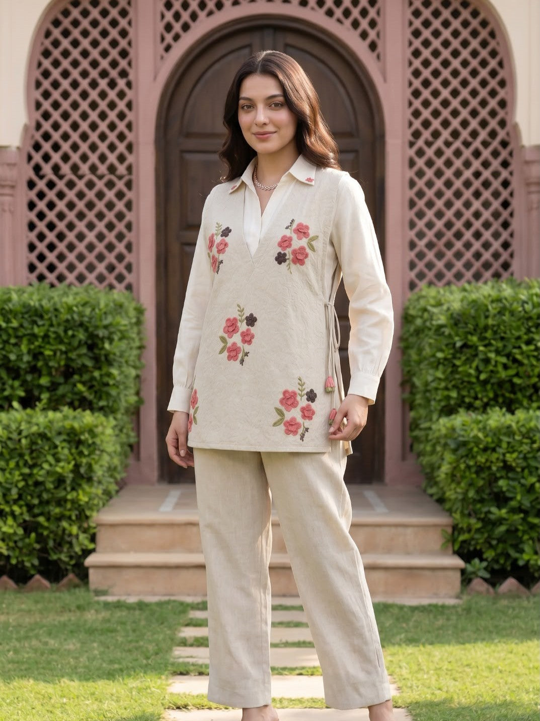 Opela Coffee Embroidery Jute Co-Ord Set
