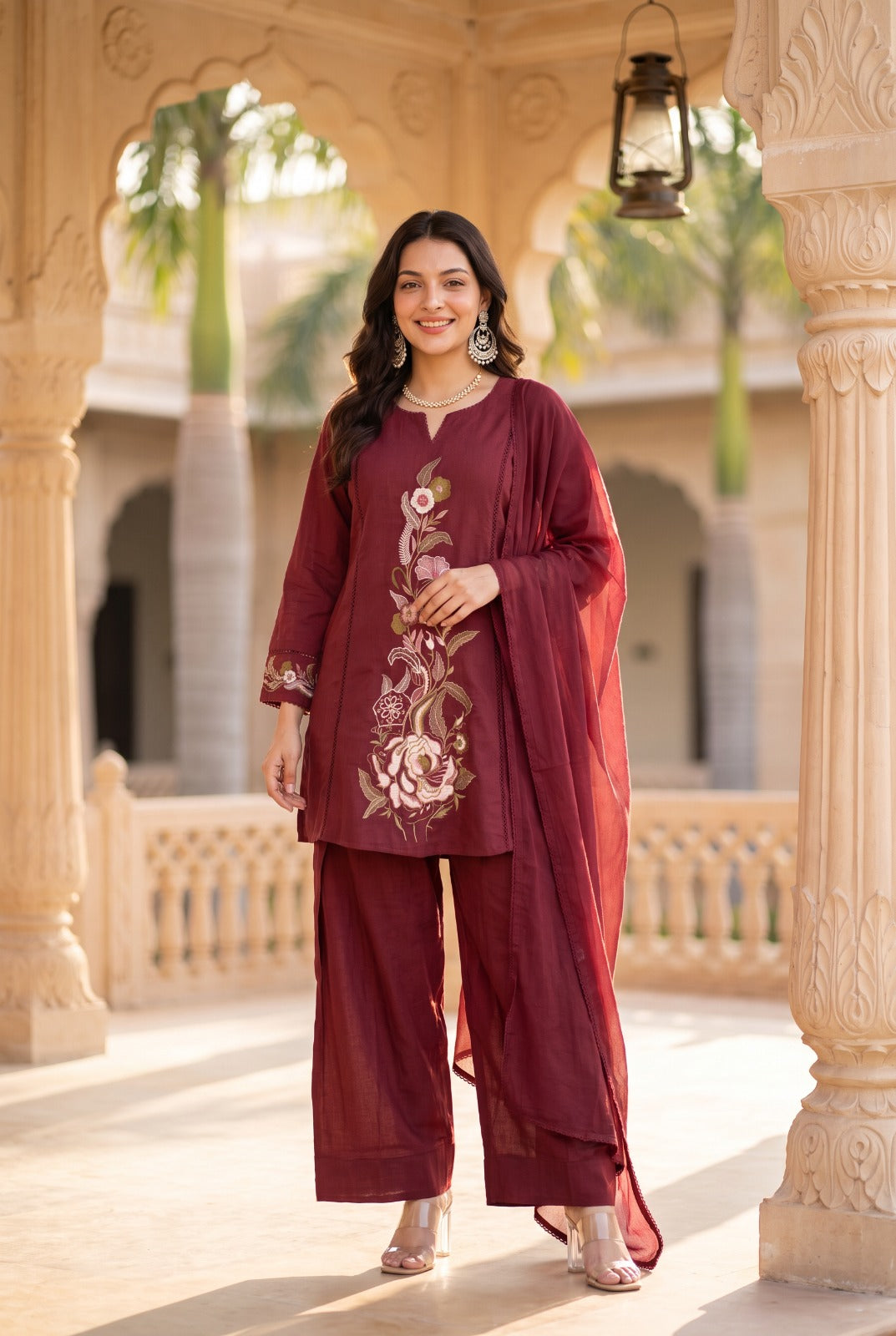 Opela Cranberry Embrodery Fcotton Farshi Suit Set