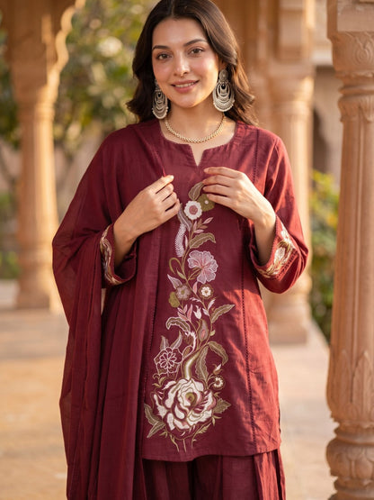 Opela Cranberry Embrodery Fcotton Farshi Suit Set