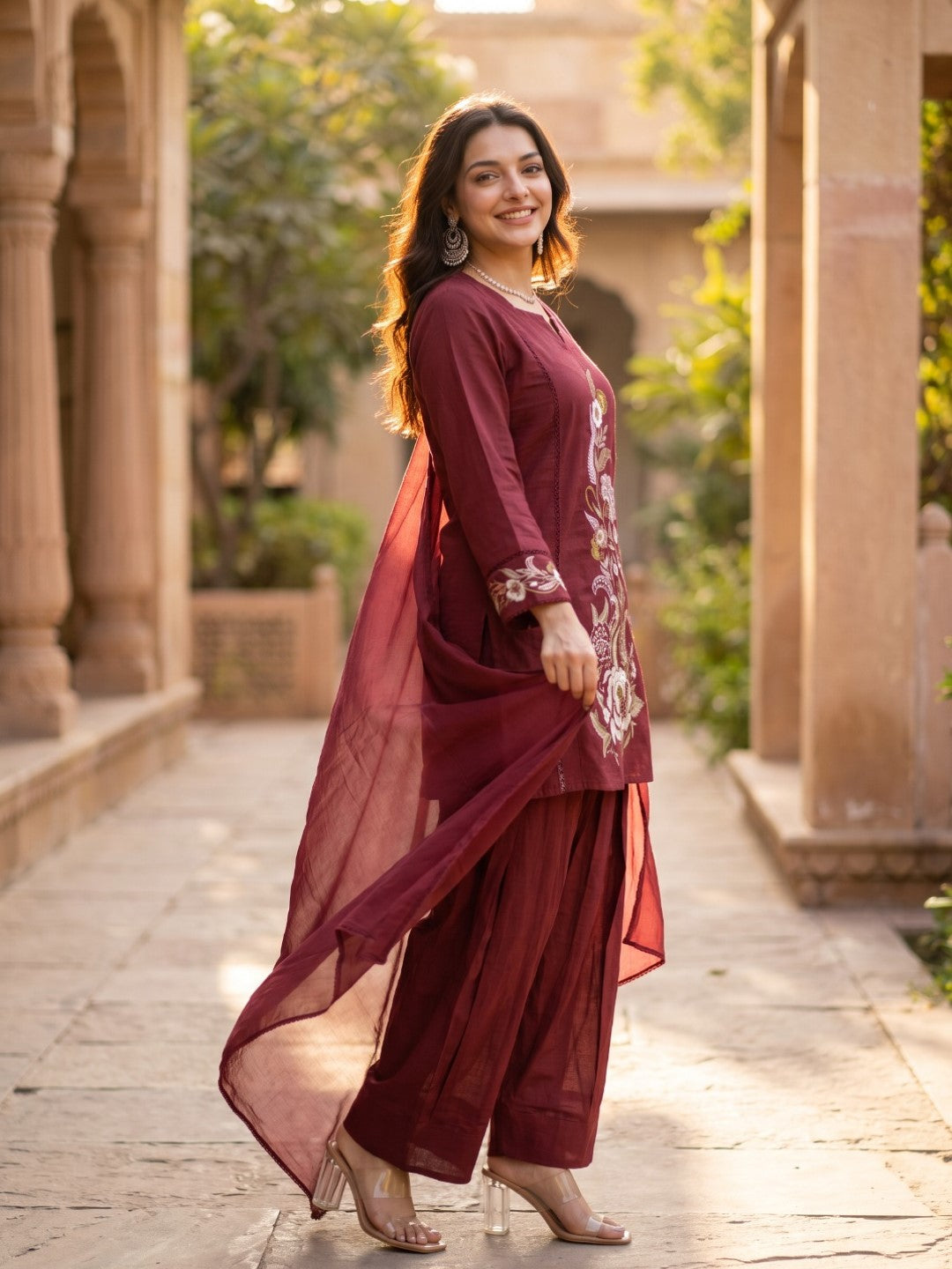 Opela Cranberry Embrodery Fcotton Farshi Suit Set