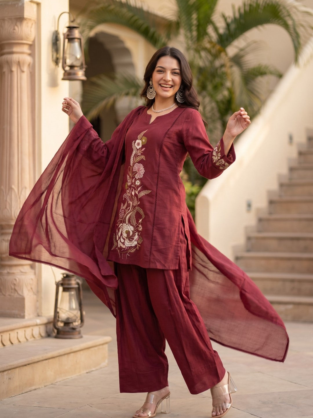 Opela Cranberry Embrodery Fcotton Farshi Suit Set