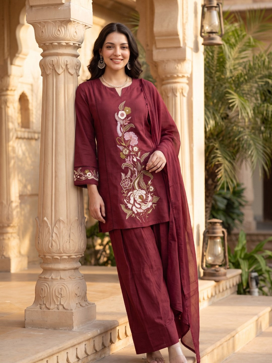Opela Cranberry Embrodery Fcotton Farshi Suit Set
