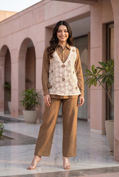 Opela Espresso Embroidery Bib Style Co-Ord Set