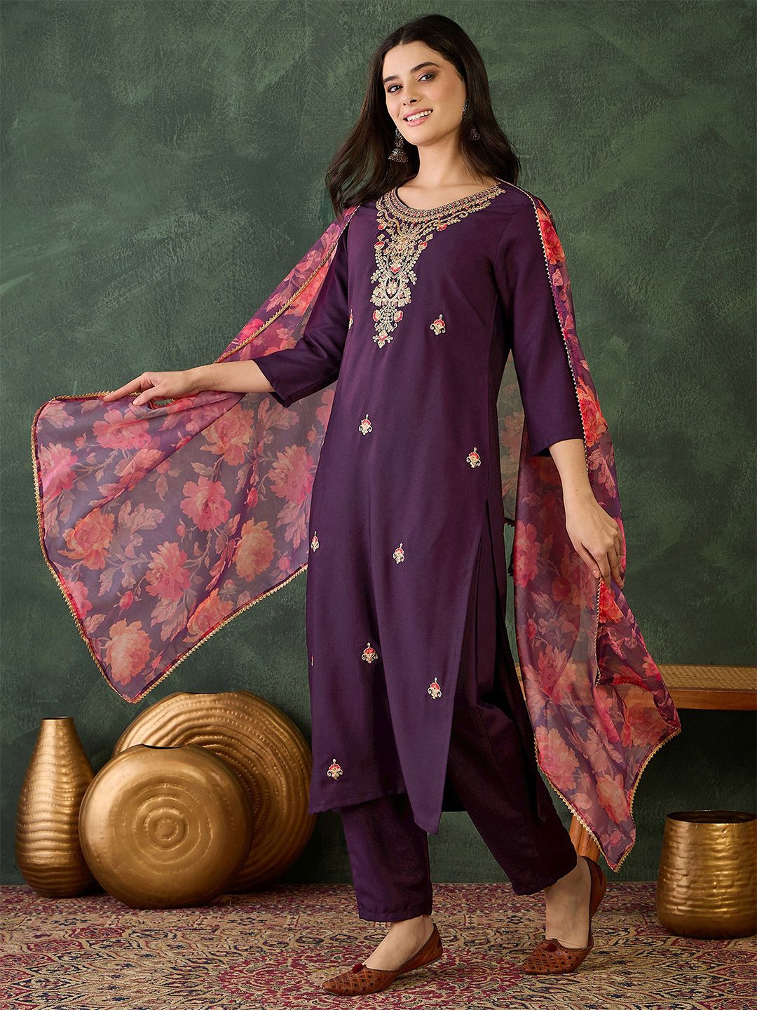 Dhiyona KL Women Embroidered Straight Kurta with Trousers & Dupatta