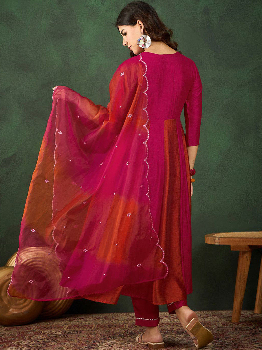 Pink Embroidered Yoke Design Mirror Work A-Line Kurta With Trousers & Dupatta