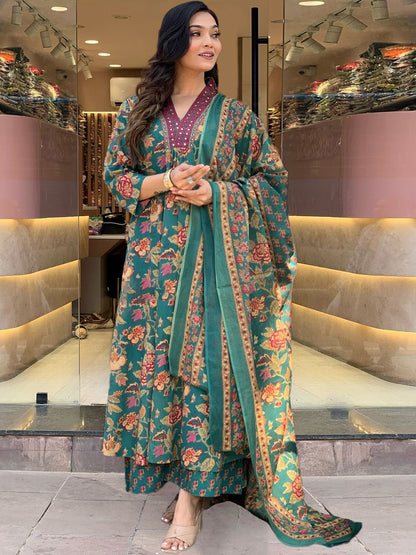 Dhiyona KL Floral Printed V-Neck A-Line Kurta With Palazzos & Dupatta