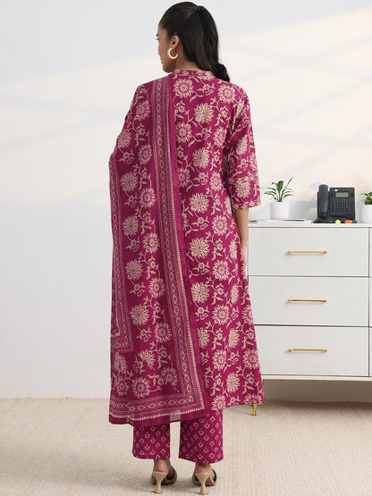 Libas Pink Floral Print A-Line Suit Set with Dupatta