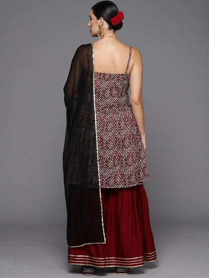 Dhiyona AN Abstract Printed Shoulder Straps Satin Kurta With Sharara & Dupatta