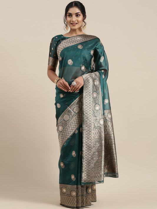 Women's Organza Teal blue Woven Design Celebrity Saree With Blouse Piece