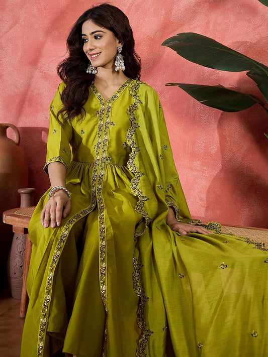 Dhiyona SN Women Sequin Embroidered Anarkali Kurta & Palazzo With Dupatta