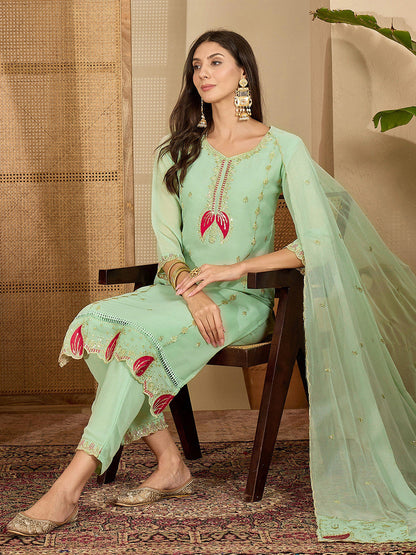 Embroidered V-Neck Kurta & Trousers With Dupatta