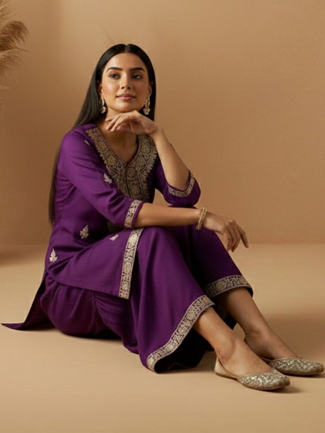 Dhiyona AN Women Ethnic Motifs Embroidered Regular Thread Work Kurta with Sharara & With Dupatta