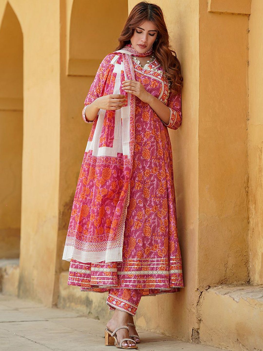 Dhiyona KL Floral Angrakha Gotta Patti Pure Cotton Anarkali Kurta with Trousers & Dupatta