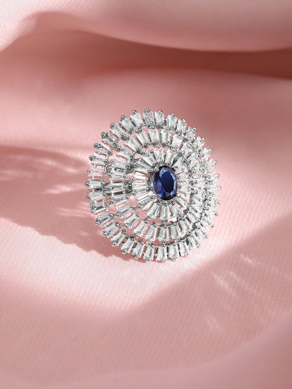 Dhiyona RJ Women's Rhodium-Plated Blue Sapphire & Zirconia Studded Adjustable Finger Ring