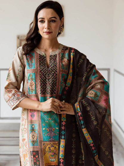 Ethnic Motifs Printed Mandarin Collar Modal Tissue Kurta & Trousers With Dupatta