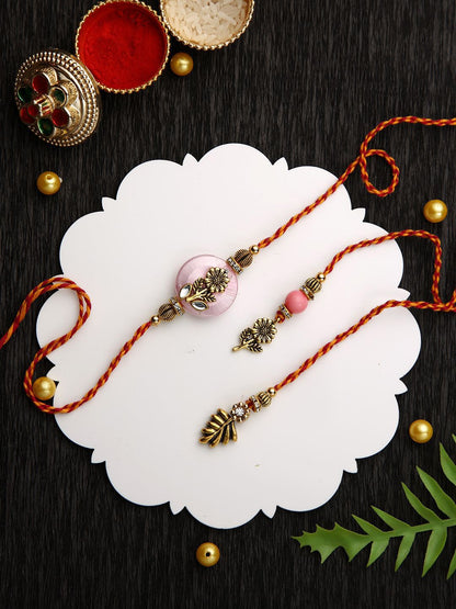 Dhiyona Pink Stone Studded & Beaded Floral Bhaiya Bhabhi Thread Rakhis With Roli Chawal