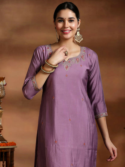 Women's LB Mauve Embroidered Silk Blend Straight Suit With Dupatta