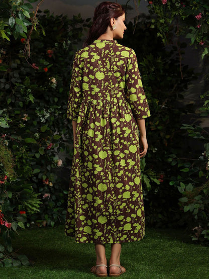 Dhiyona AY Women's Floral Printed Cotton Mandarin Collar Maxi Ethnic Dresses