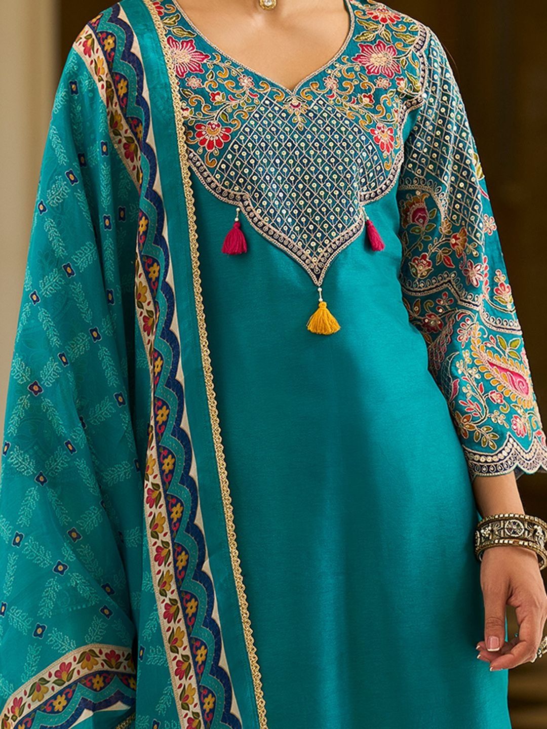 Ethnic Motifs Printed V-Neck Thread Work Kurta With Trousers & Dupatta