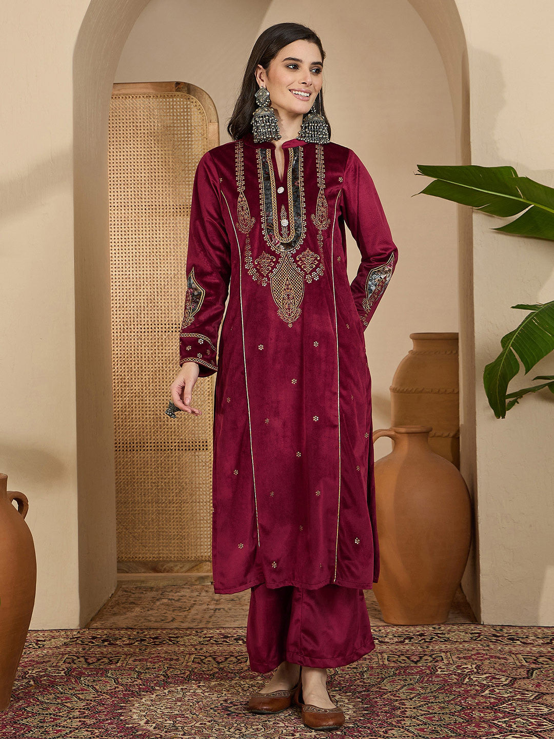 Embroidered Velvet Mandarin Collar Kurta With Trousers & Dupatta