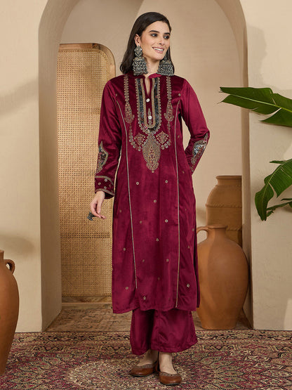 Embroidered Velvet Mandarin Collar Kurta With Trousers & Dupatta