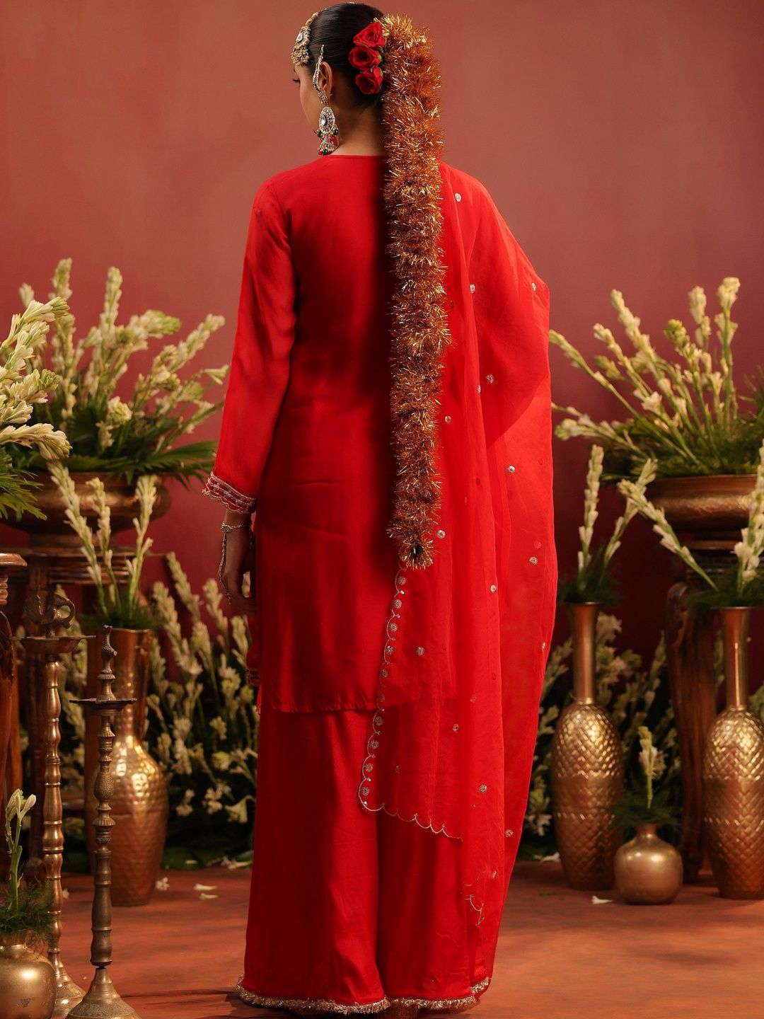 Dhiyona SC Floral Embroidered Round Neck Thread Work Organza Silk Kurta With Palazzo & Dupatta