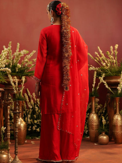 Dhiyona SC Floral Embroidered Round Neck Thread Work Organza Silk Kurta With Palazzo & Dupatta