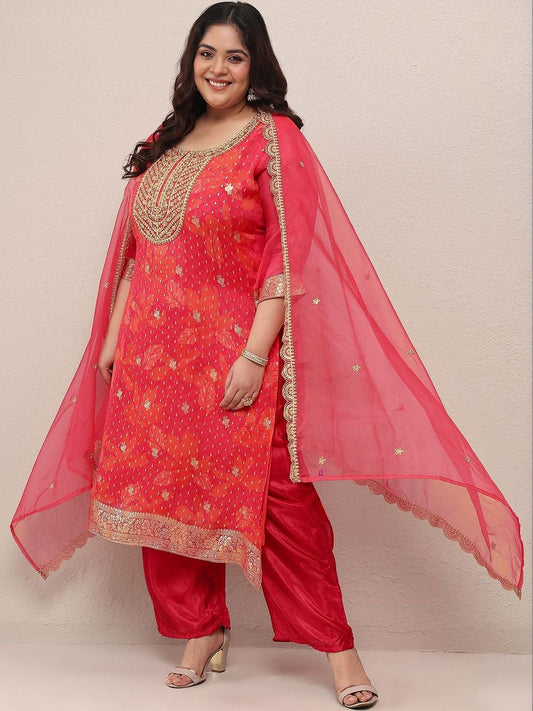 Dhiyona Women's Plus Size Floral Printed Regular Kurta with Palazzos & With Dupatta