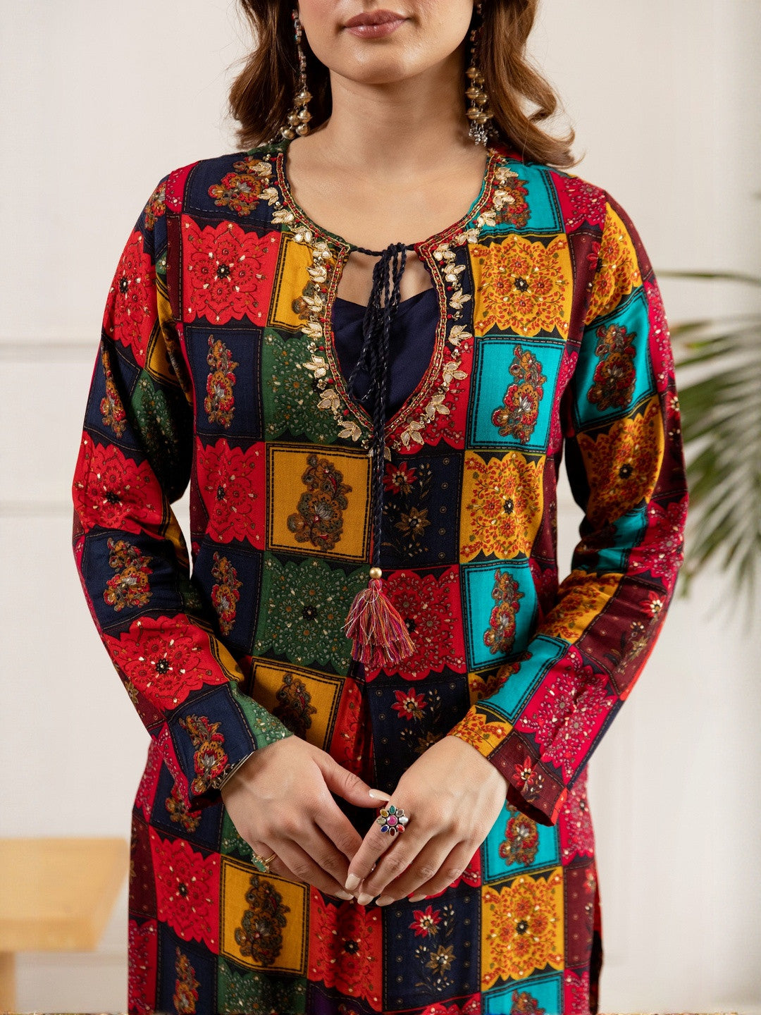 Ethnic Motifs Printed Thread Work Tie-Up Neck Straight Kurta With Palazzos