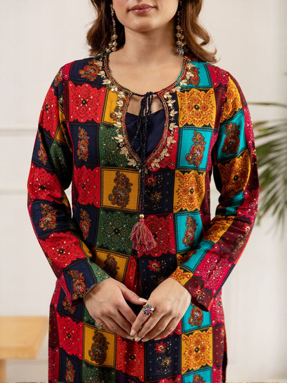 Ethnic Motifs Printed Thread Work Tie-Up Neck Straight Kurta With Palazzos