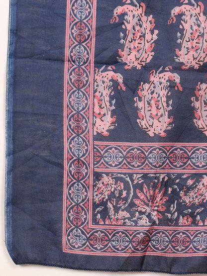 Navy Blue Women Floral Printed Straight Kurta with Palazzo & Dupatta