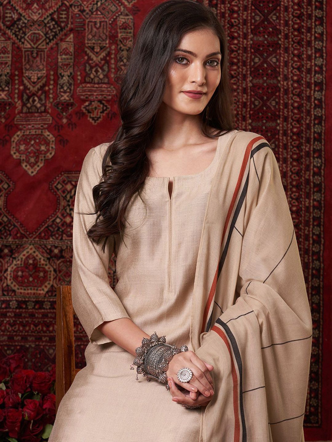 Dhiyona KL Notch Neck Straight Kurta With Palazzos And Dupatta
