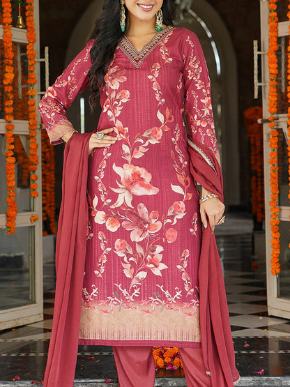Dhiyona KL Floral Printed Sequinned V-Neck Straight Kurta With Trousers & Dupatta