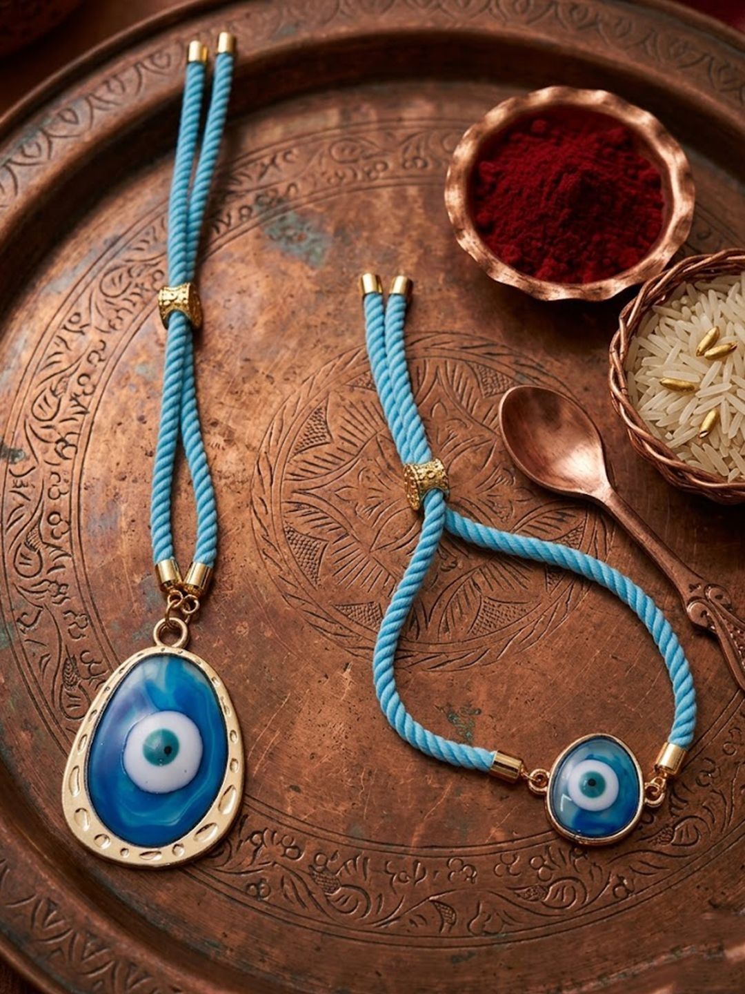 Dhiyona Set Of 2 Blue Evil Eye Bhaiya Bhabhi Wraparound Rakhi