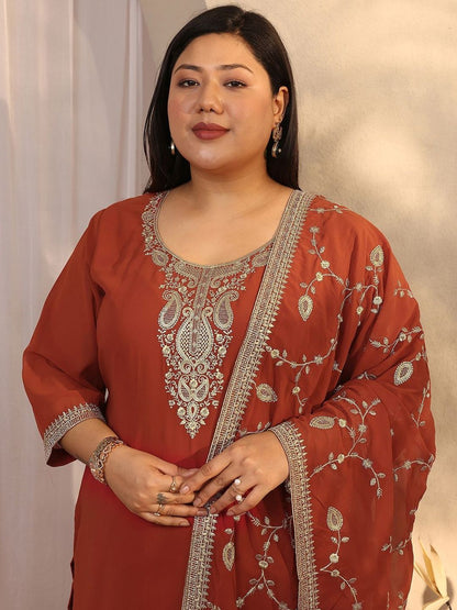 Dhiyona Women's Plus Size Ethnic Motifs Embroidered Kurta with Trouser & Dupatta
