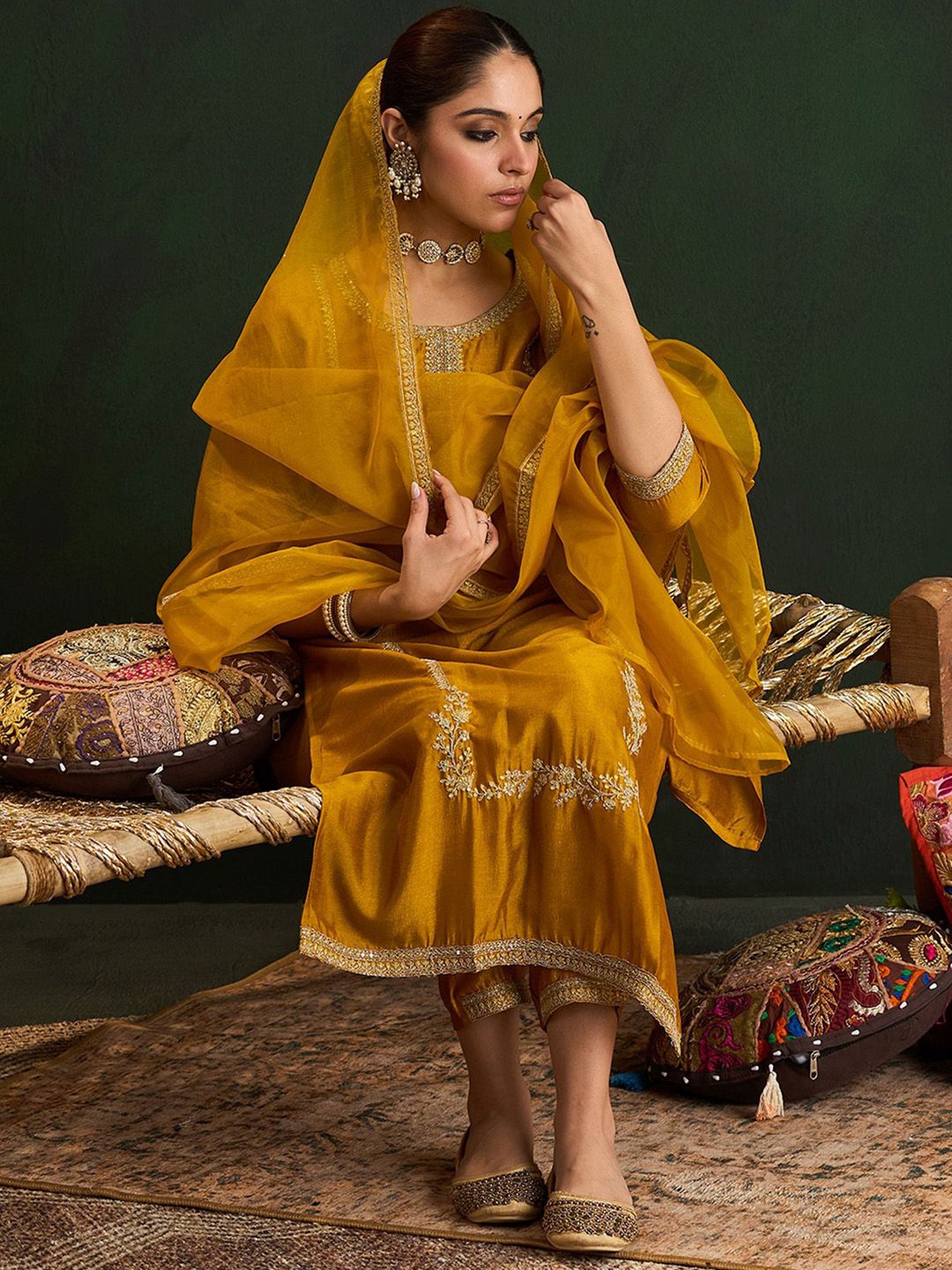 Dhiyona IE Women Embroidered Regular Sequinned Kurta with Trousers & With Dupatta