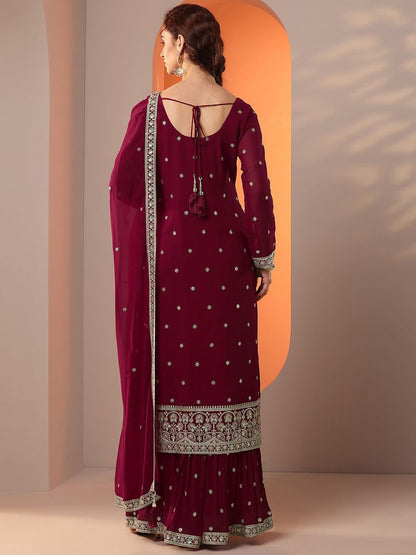 Dhiyona LL Floral Embroidered Scoop Neck Georgette Straight Kurta With Palazzos And Dupatta