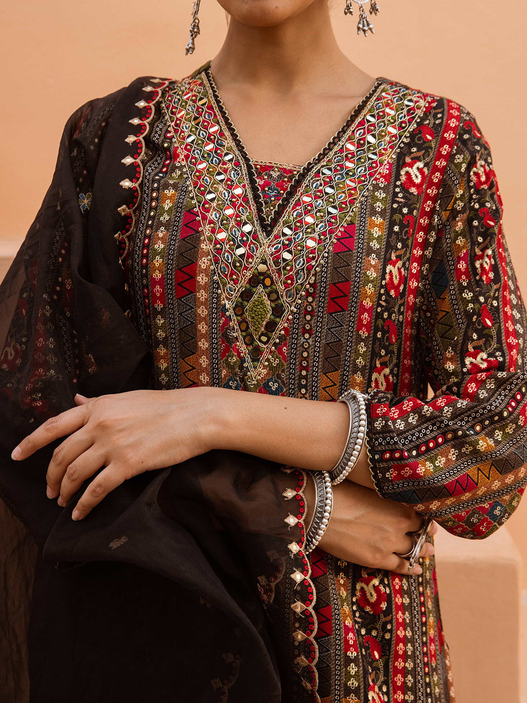 Ethnic Motifs Embroidered V-Neck Straight Kurta With Palazzos And Dupatta