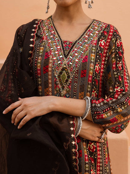 Ethnic Motifs Embroidered V-Neck Straight Kurta With Palazzos And Dupatta