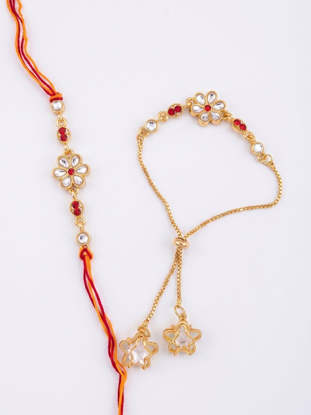 Dhiyona Set Of 2 Gold Toned Kundan Studded Bhaiya Bhabhi Rakhi