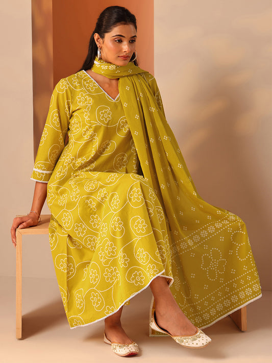 Bandhani Printed V-Neck A-Line Kurta With Trousers & Dupatta