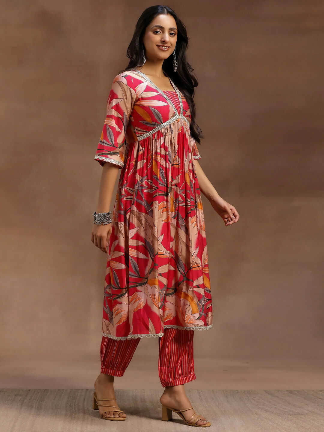 Women's LB Pink Printed Silk Blend A-Line Kurta With Salwar & Dupatta