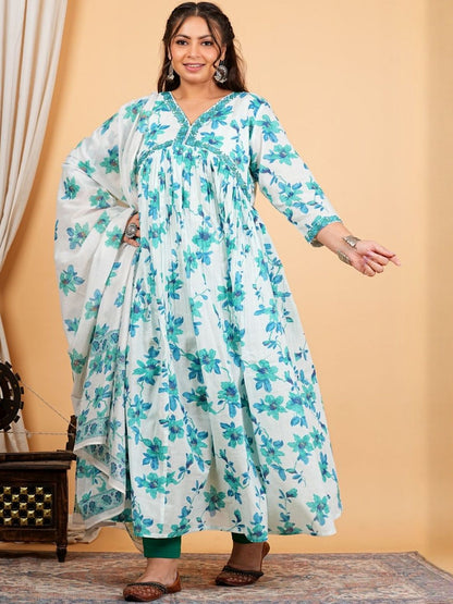 Dhiyona KL Women Floral Printed Pleated Thread Work Pure Cotton Kurta Set With Dupatta
