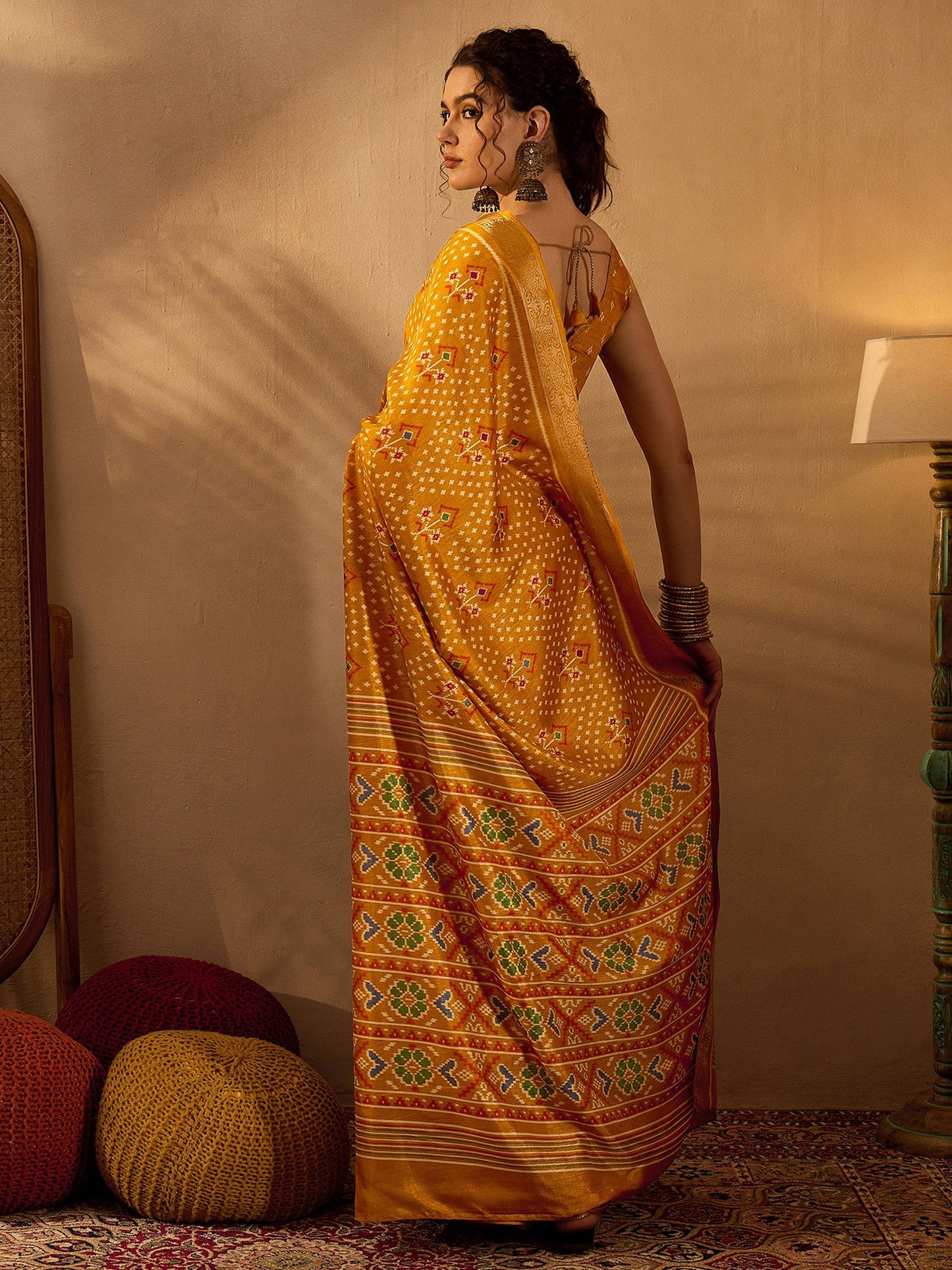 Women's Silk Blend Mustard Printed Designer Saree With Blouse Piece