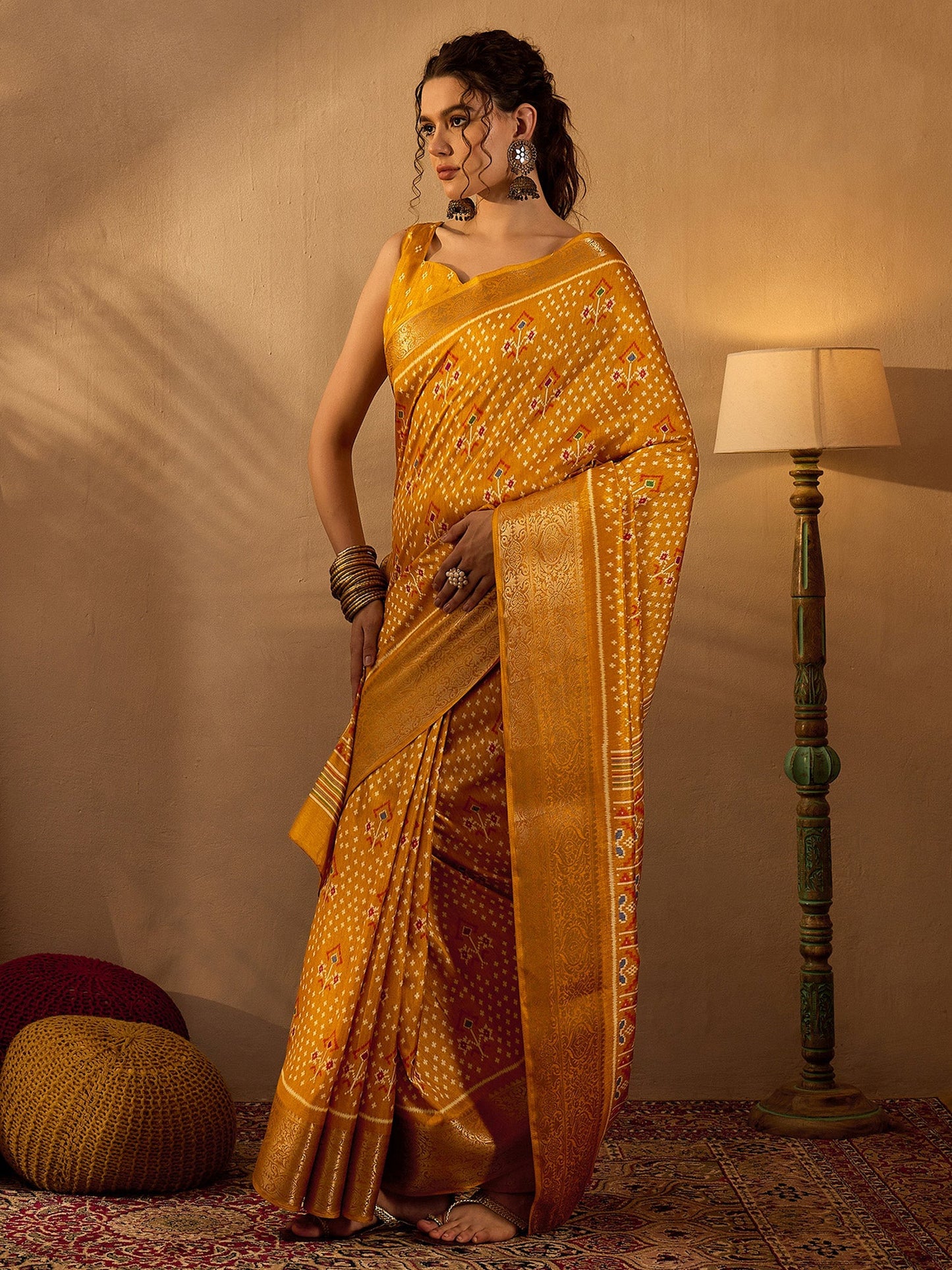 Women's Silk Blend Mustard Printed Designer Saree With Blouse Piece