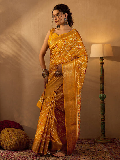 Women's Silk Blend Mustard Printed Designer Saree With Blouse Piece