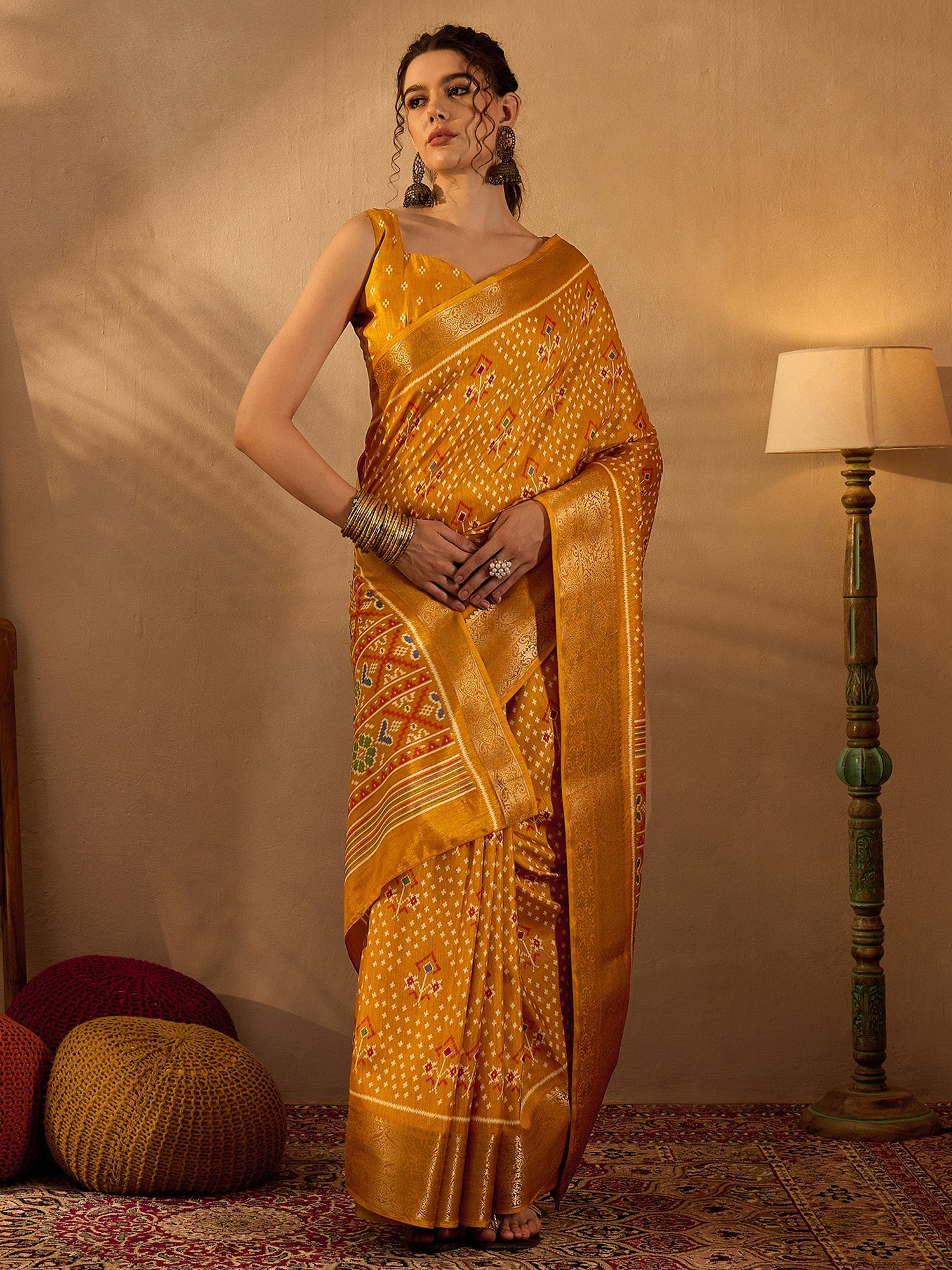 Women's Silk Blend Mustard Printed Designer Saree With Blouse Piece
