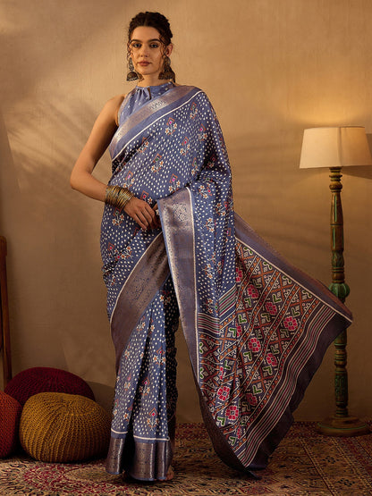 Women's Silk Blend Metallic Printed Designer Saree With Blouse Piece