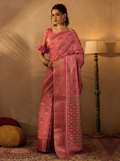 Women's Silk Blend Pink Printed Designer Saree With Blouse Piece