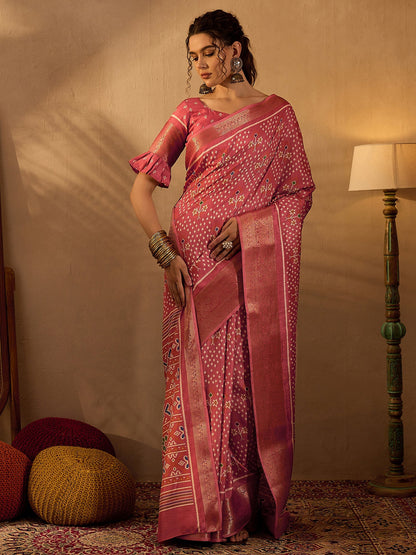 Women's Silk Blend Pink Printed Designer Saree With Blouse Piece